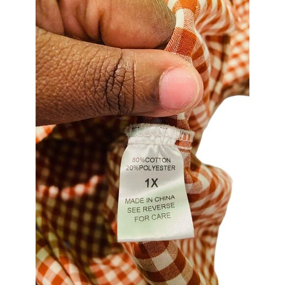 HAPTICS Womens Gingham Ruffle Red White Long Sleeve Blouse Top Cotton Blend 1X - Picture 8 of 8